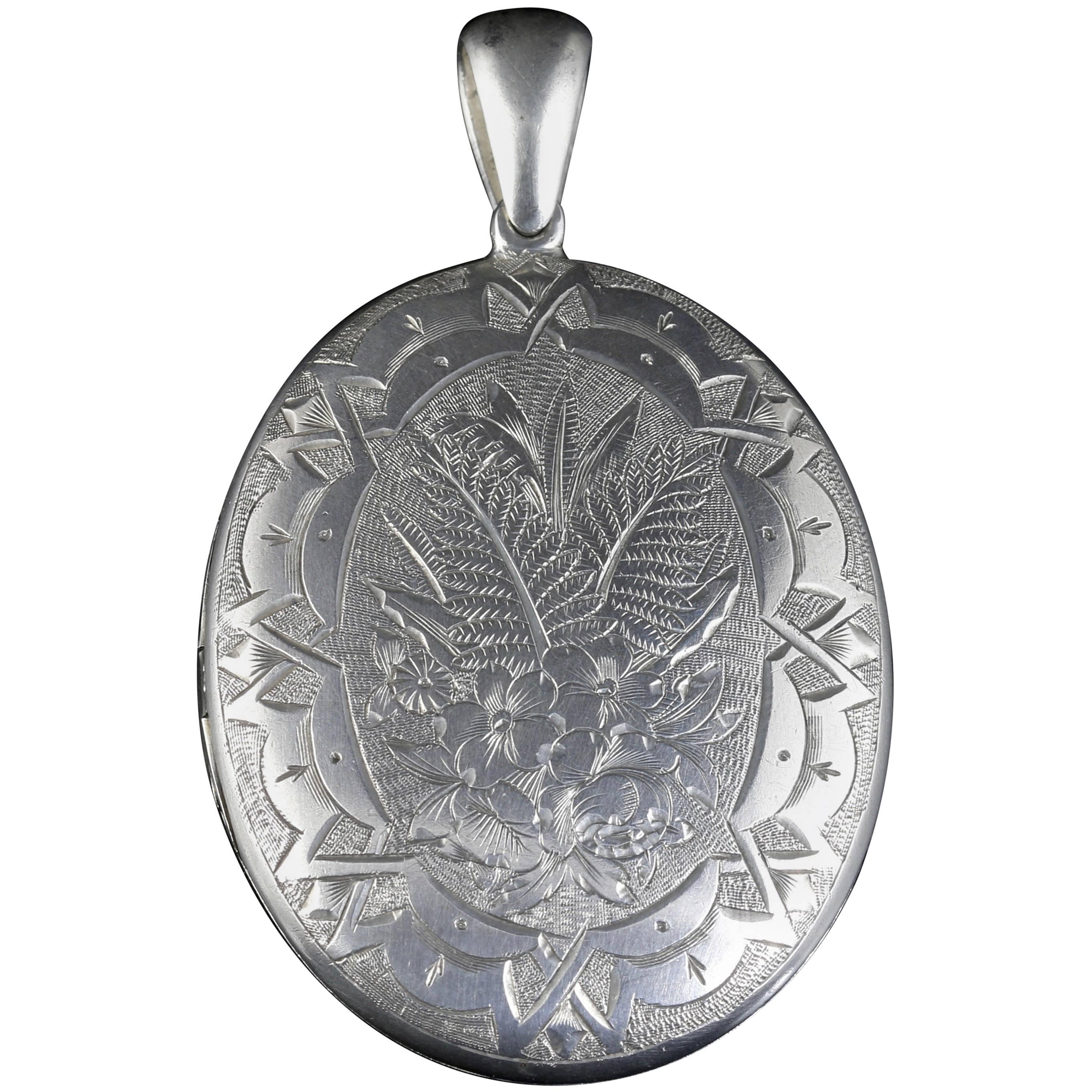 Antique Victorian Silver Locket Engraved, circa 1880