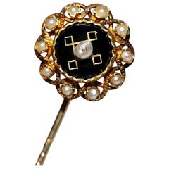 Antique Original Circa 1900s 14k Gold Natural Pearl And Onyx Decorated Brooch