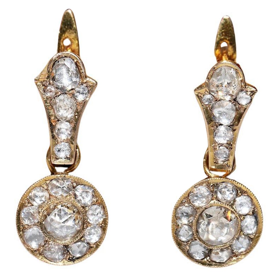 Antique Circa 1900s 14k Gold Natural Rose Cut Diamond Decorated Drop Earring