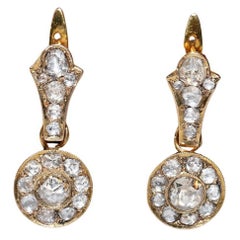 Antique Circa 1900s 14k Gold Natural Rose Cut Diamond Decorated Drop Earring