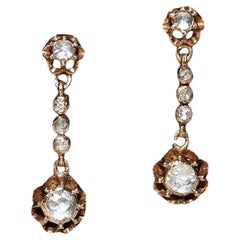 Antique Circa 1900s Ottoman 10K Gold Natural Rose Cut Diamond Drop Earring