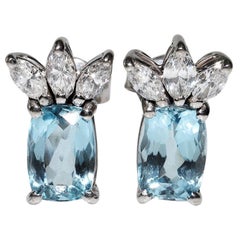 18k Gold Natural Marquise Cut Diamond And Aqua Marine Decorated Stud Earring