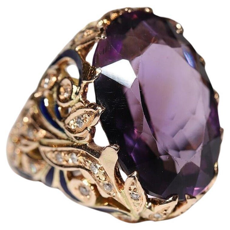 Vintage Circa 1970s 14k Gold Natural Diamond And Amethyst Enamel Ring