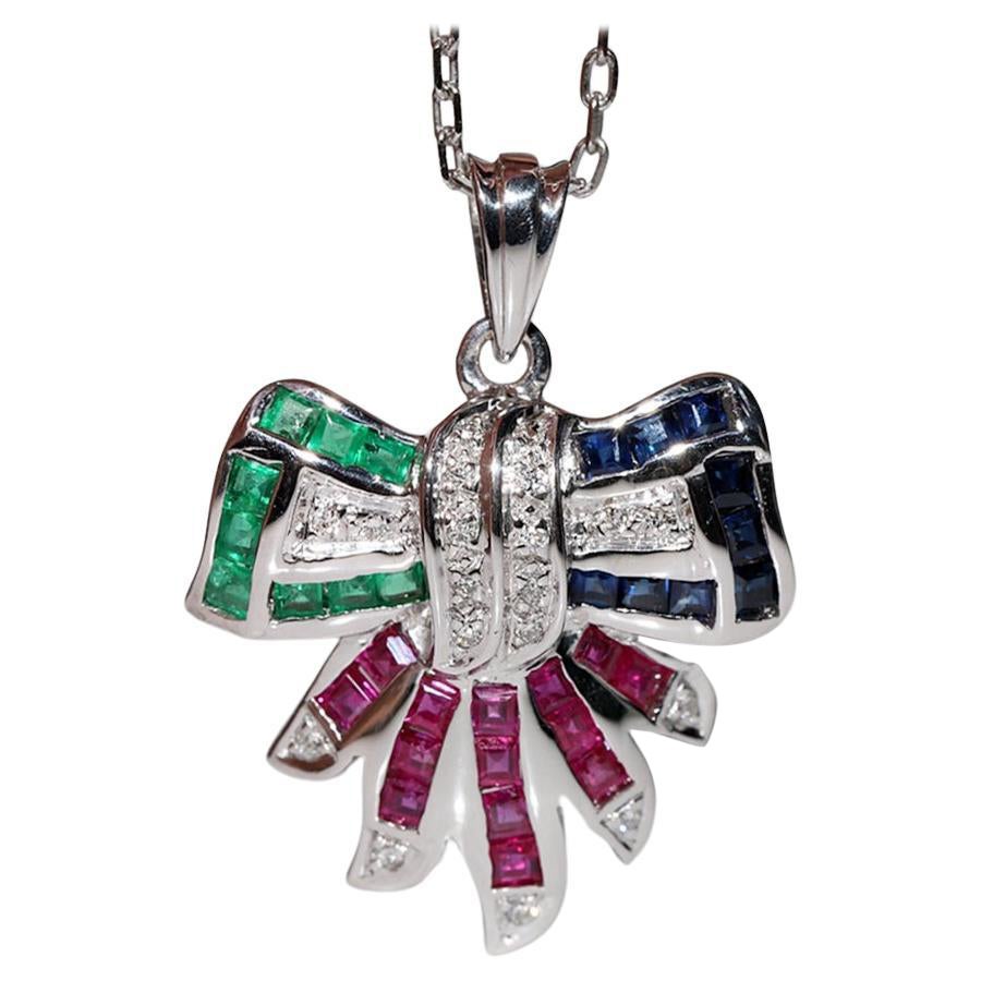 Vintage 18k Gold Natural Diamond And Caliber Emerald Sapphire Ruby Necklace