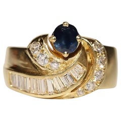 Vintage Circa 1980s 18k Gold Natural Diamond And Sapphire Decorated Tank Ring