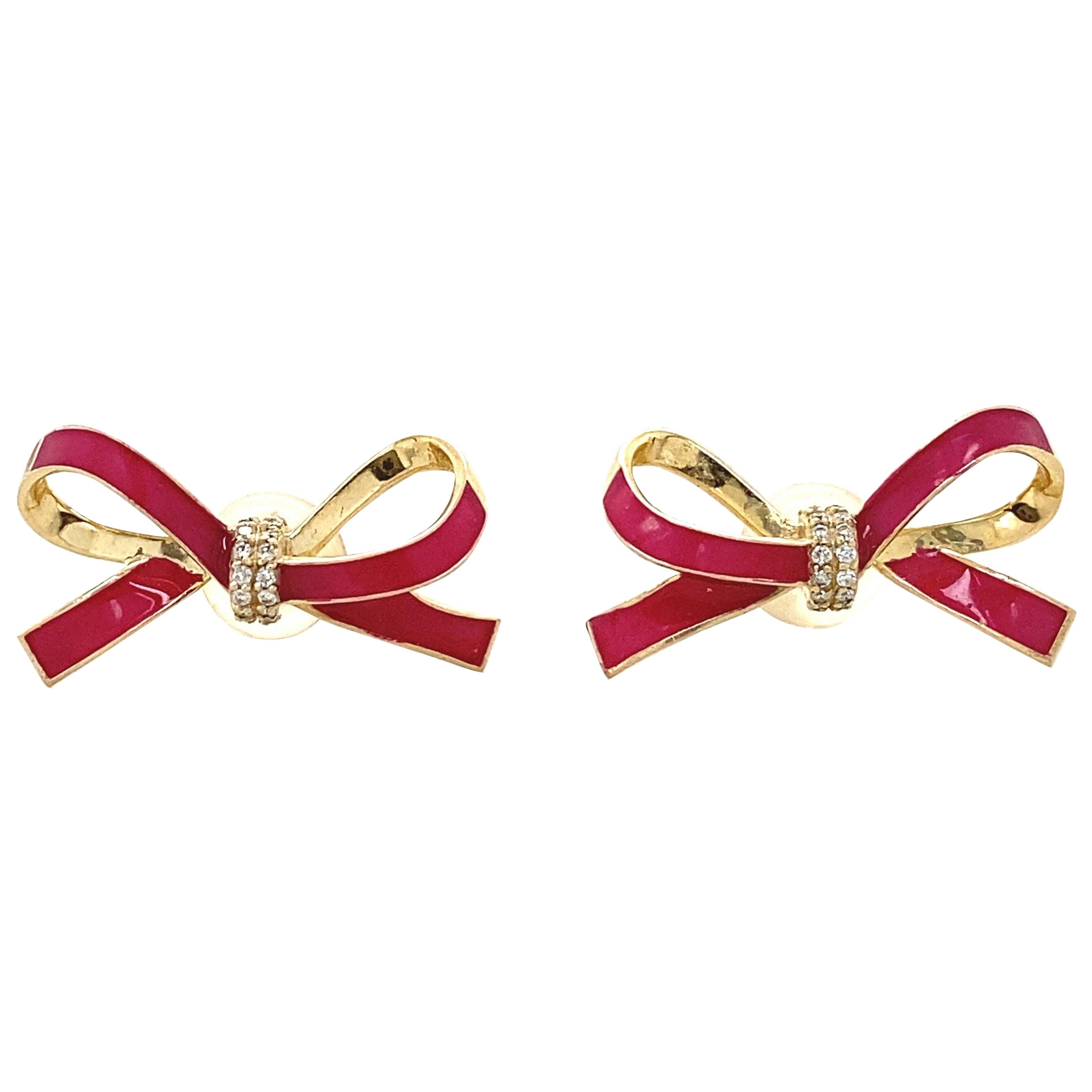 Ribbon Diamond Stud Earrings in 14k Solid Gold (Certified)