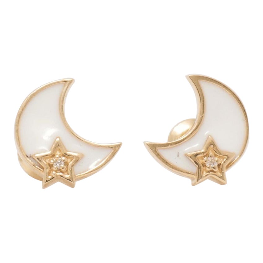 Orecchini per bambini con diamanti a forma di luna e stella in oro massiccio 14k (certificati) in vendita