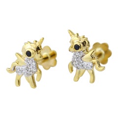 Kids Unicorn Diamond Stud Earrings in 14K Solid Gold (Certified)