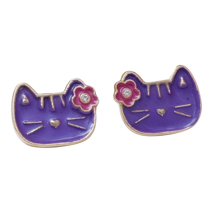 Kids Cat Diamond Stud Earrings in 14K Solid Gold (Certified)