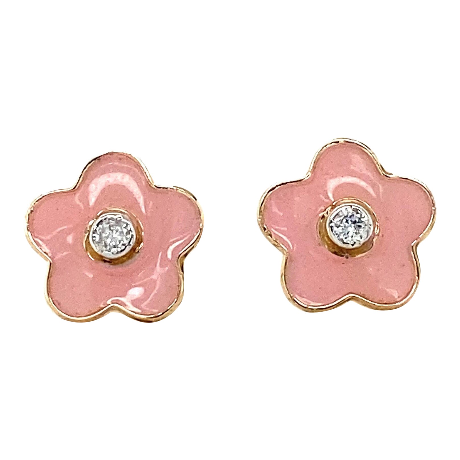 Enameled Flower Diamond Stud Earrings in 14K Solid Gold (Certified)