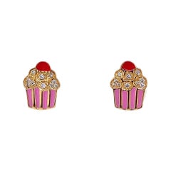 Kids Enameled Cupcake Diamond Stud Earrings in 14K Solid Gold (Certified)