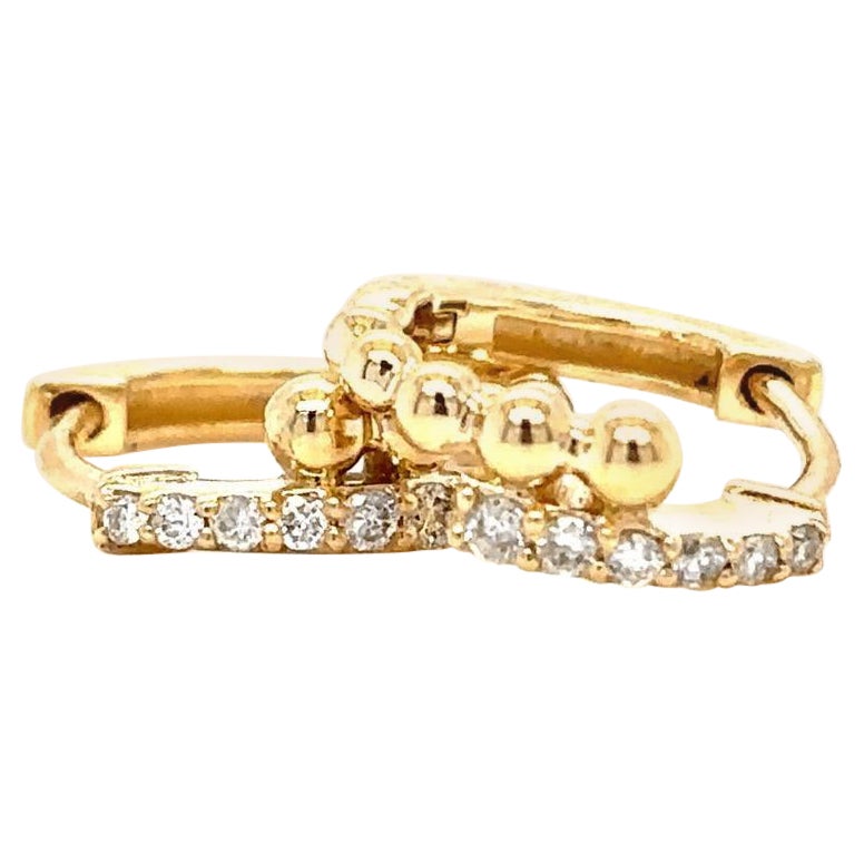Diamond Beaded Huggie Kids Earrings in 14K Solid Gold (Certified)