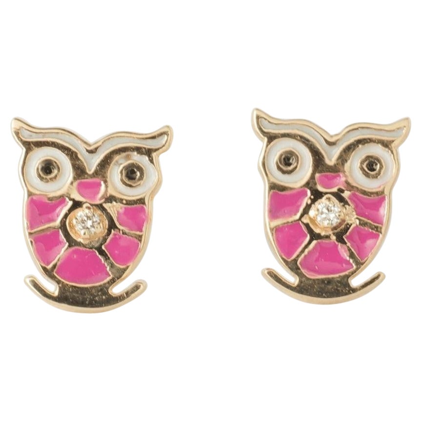 Owl Diamond Kids Stud Earrings in 14k Solid Gold (Certified)