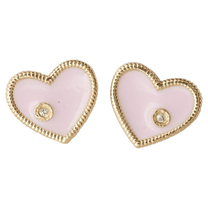 Heart Diamond Kids Stud Earrings in Pink Enamel in 14k Solid Gold (Certified)