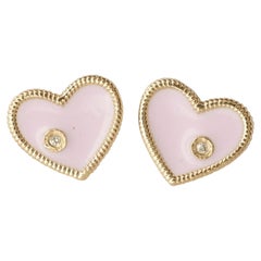 Heart Diamond Kids Stud Earrings in Pink Enamel in 14k Solid Gold (Certified)