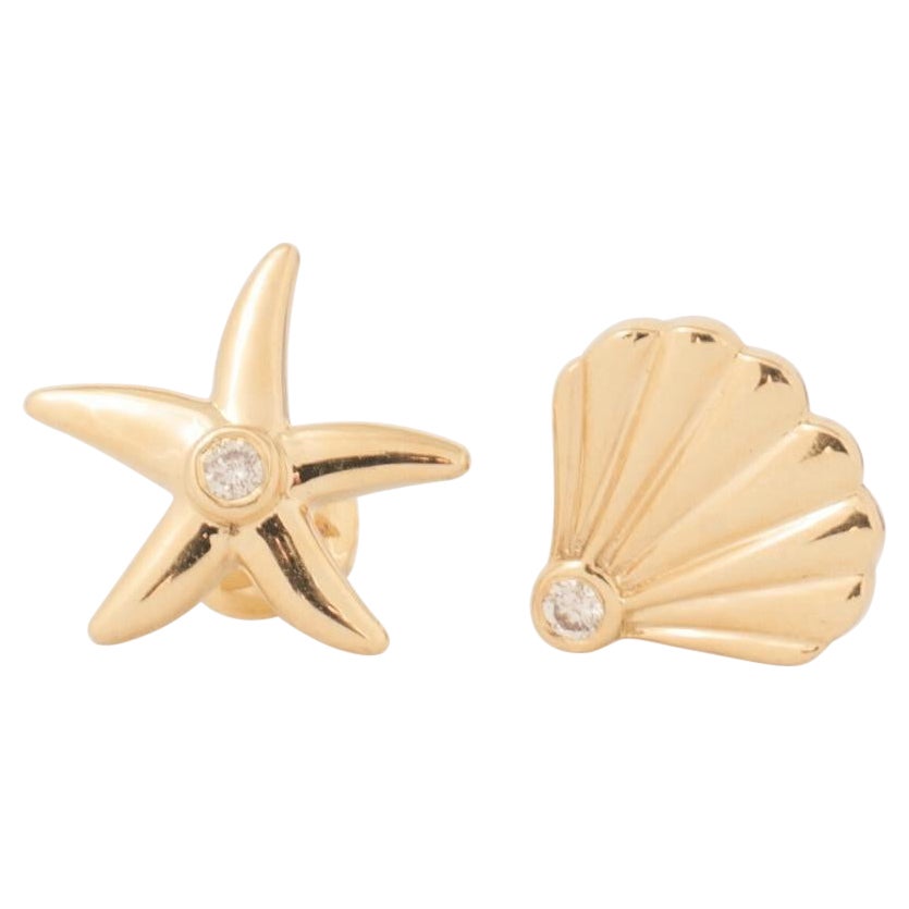 Starfish and Seashell Diamond Kids Earrings in 14k Solid Gold (Certified)