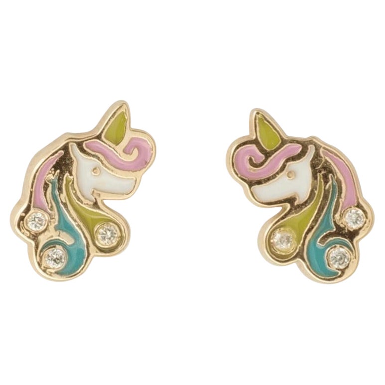 Unicorn Colorful Enamel Diamond Kids Stud Earrings in 14k Solid Gold (Certified)