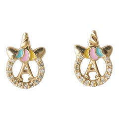 Unicorn Initial Diamond Kids Stud Earrings in 14k Solid Gold (Certified)