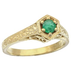Emerald Vintage Style Carved Engagement Ring in 9K Yellow Gold
