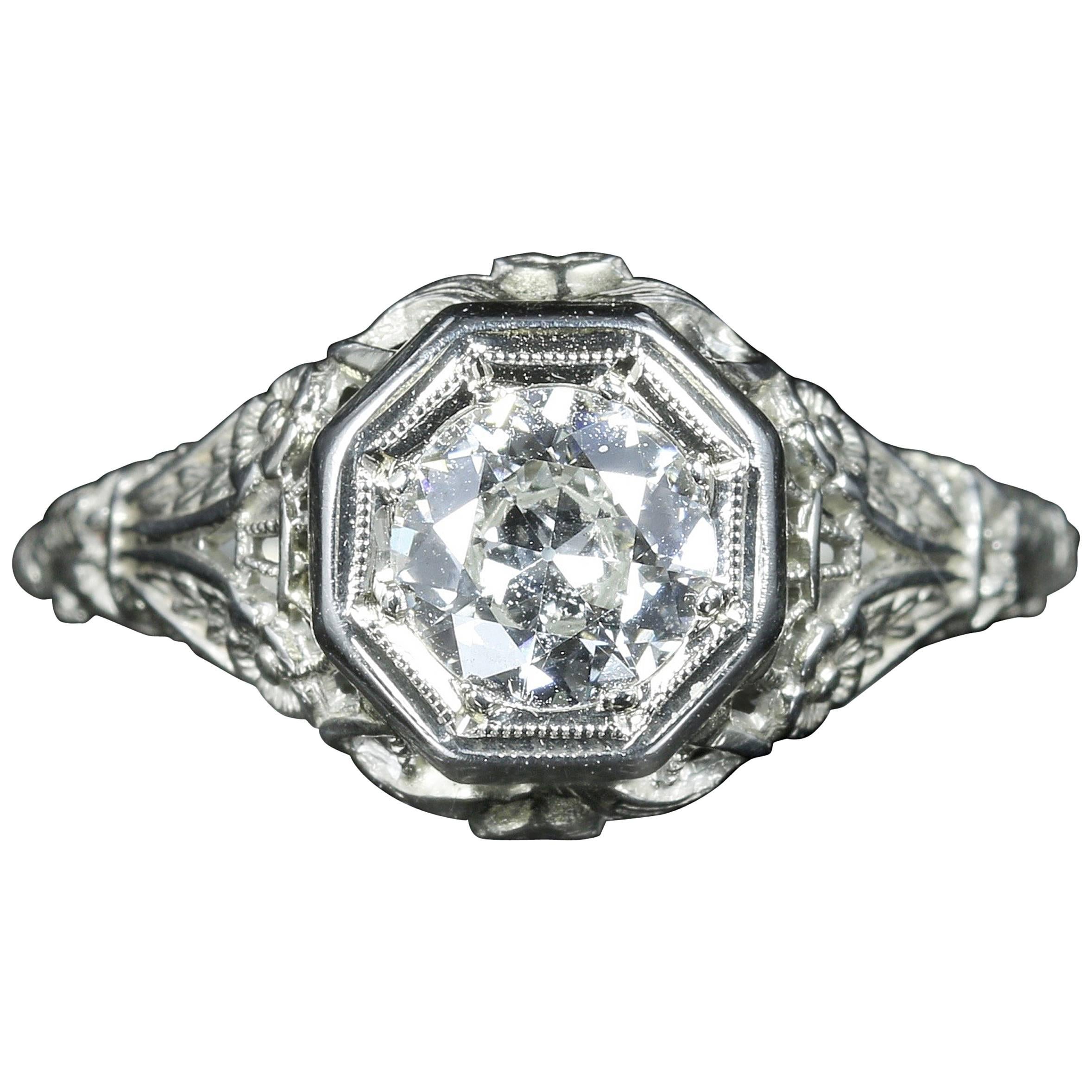 Antique Art Deco Diamond Engagement Ring 18 Carat White Gold 1.10 Carat Diamond For Sale