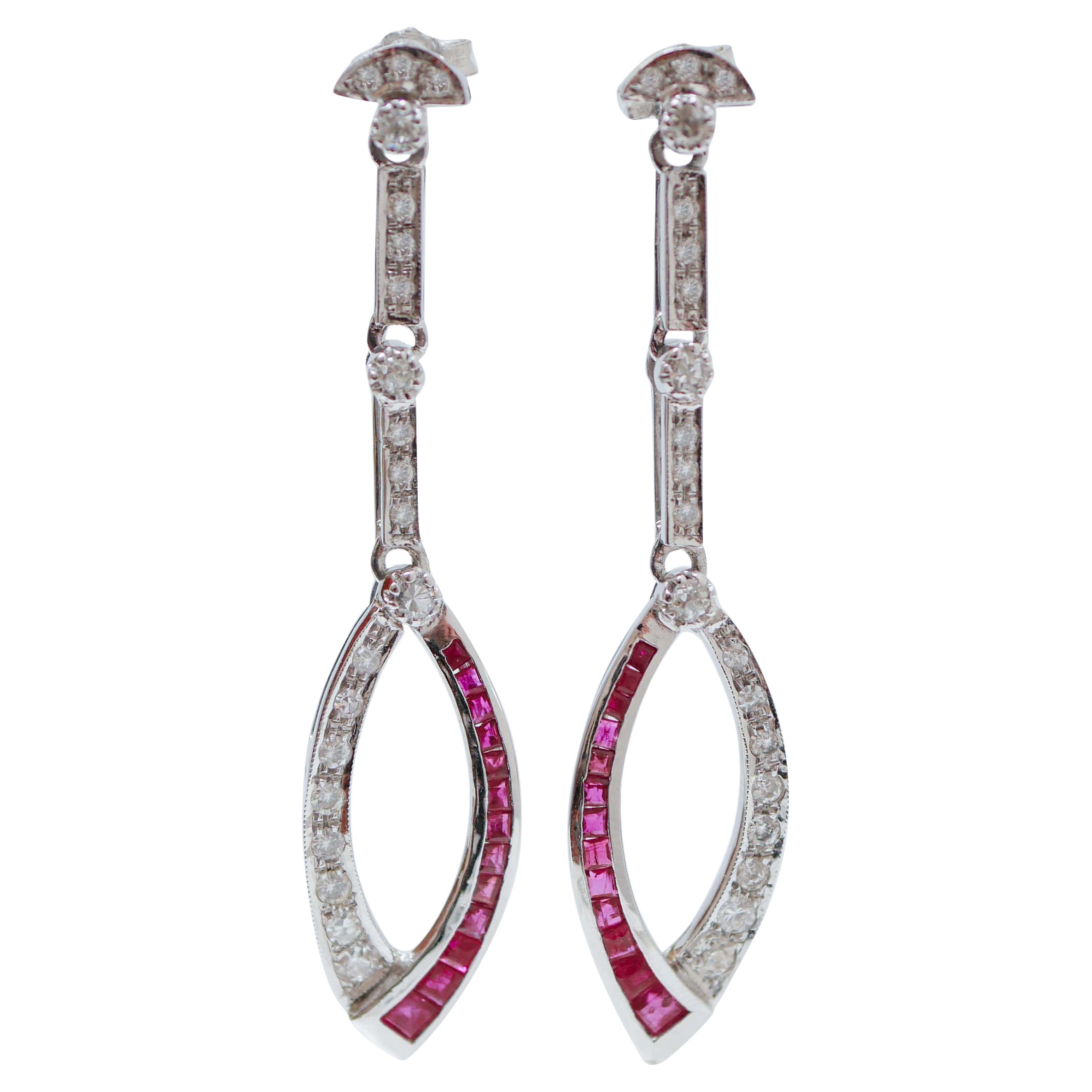 Rubies, Diamonds, 14 Karat White Gold Dangle Earrings.