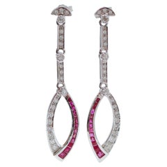 Rubies, Diamonds, 14 Karat White Gold Dangle Earrings.