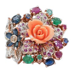 Coral, Emeralds, Rubies, Sapphires, Diamonds, Rose Gold and Silver Ring.