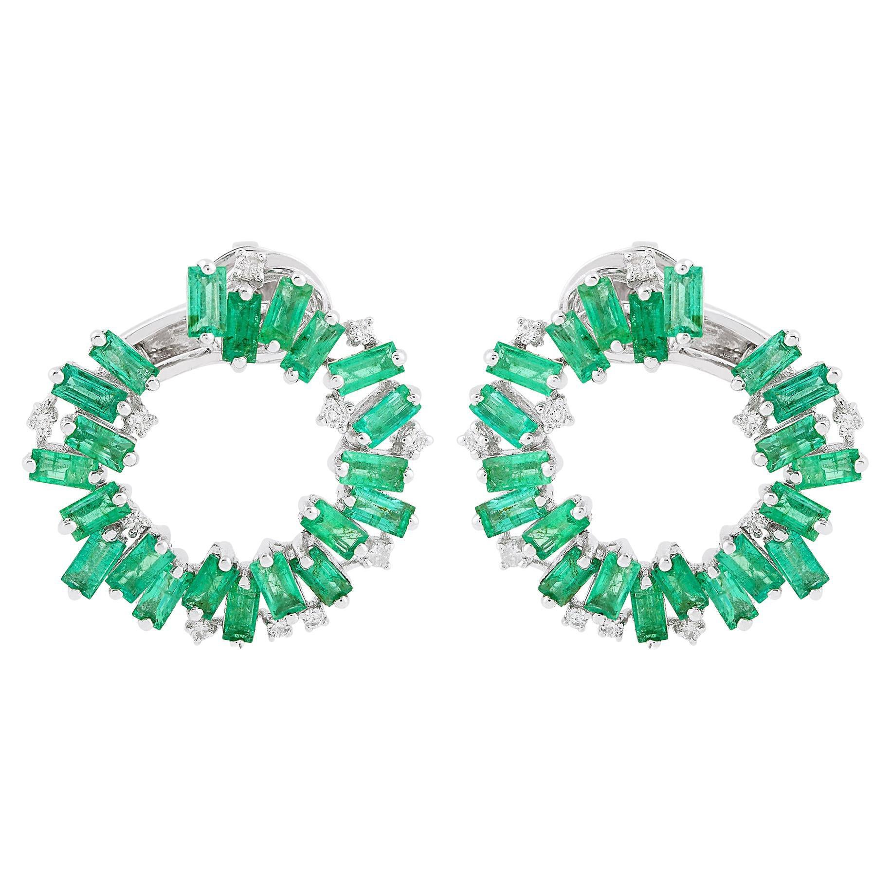 5 Carat Baguette Emerald Hoop Earrings 0.30 Carat Diamond 18 Karat White Gold