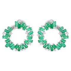 5 Carat Baguette Emerald Hoop Earrings 0.30 Carat Diamond 18 Karat White Gold