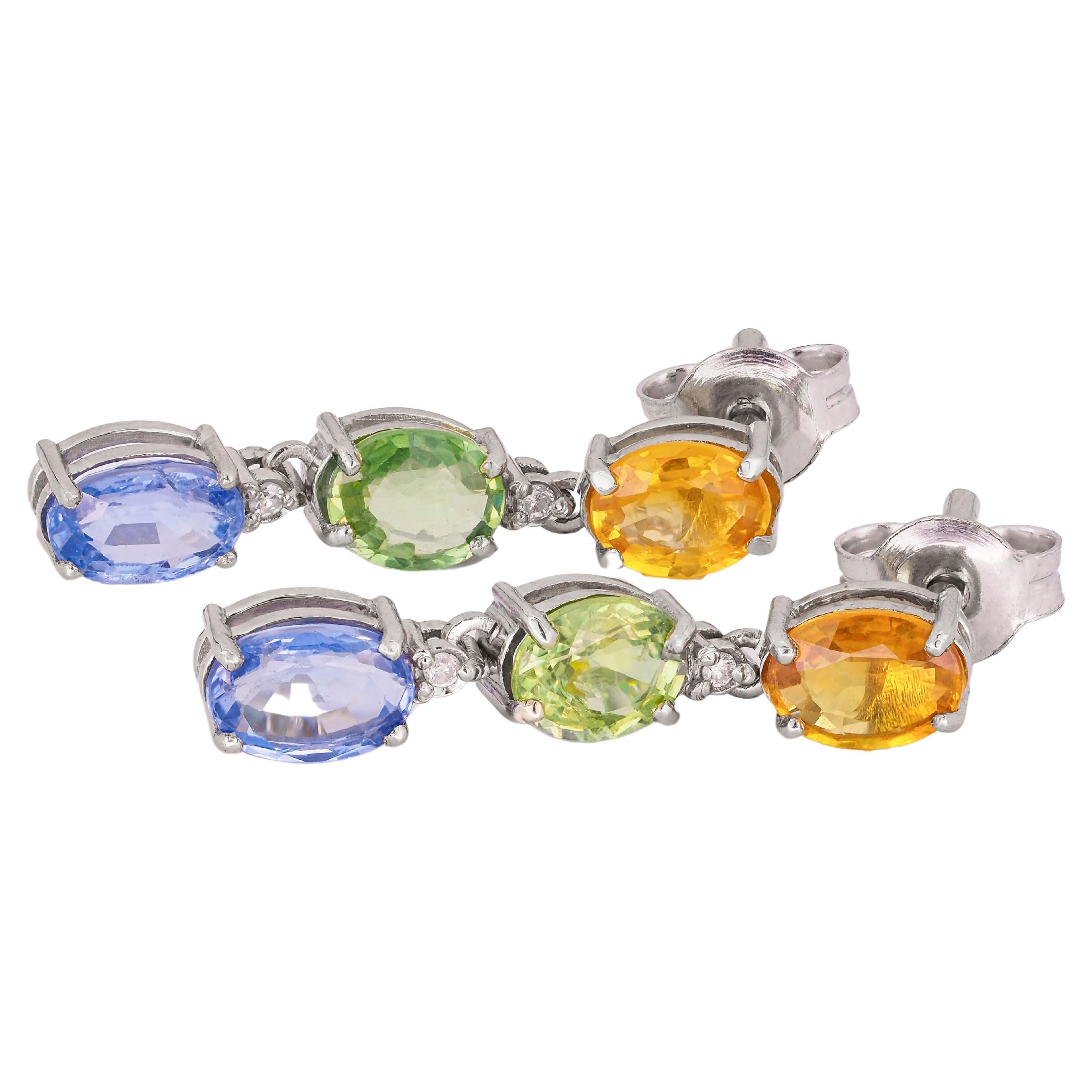 Multicolor sapphires 14k gold earrngs studs