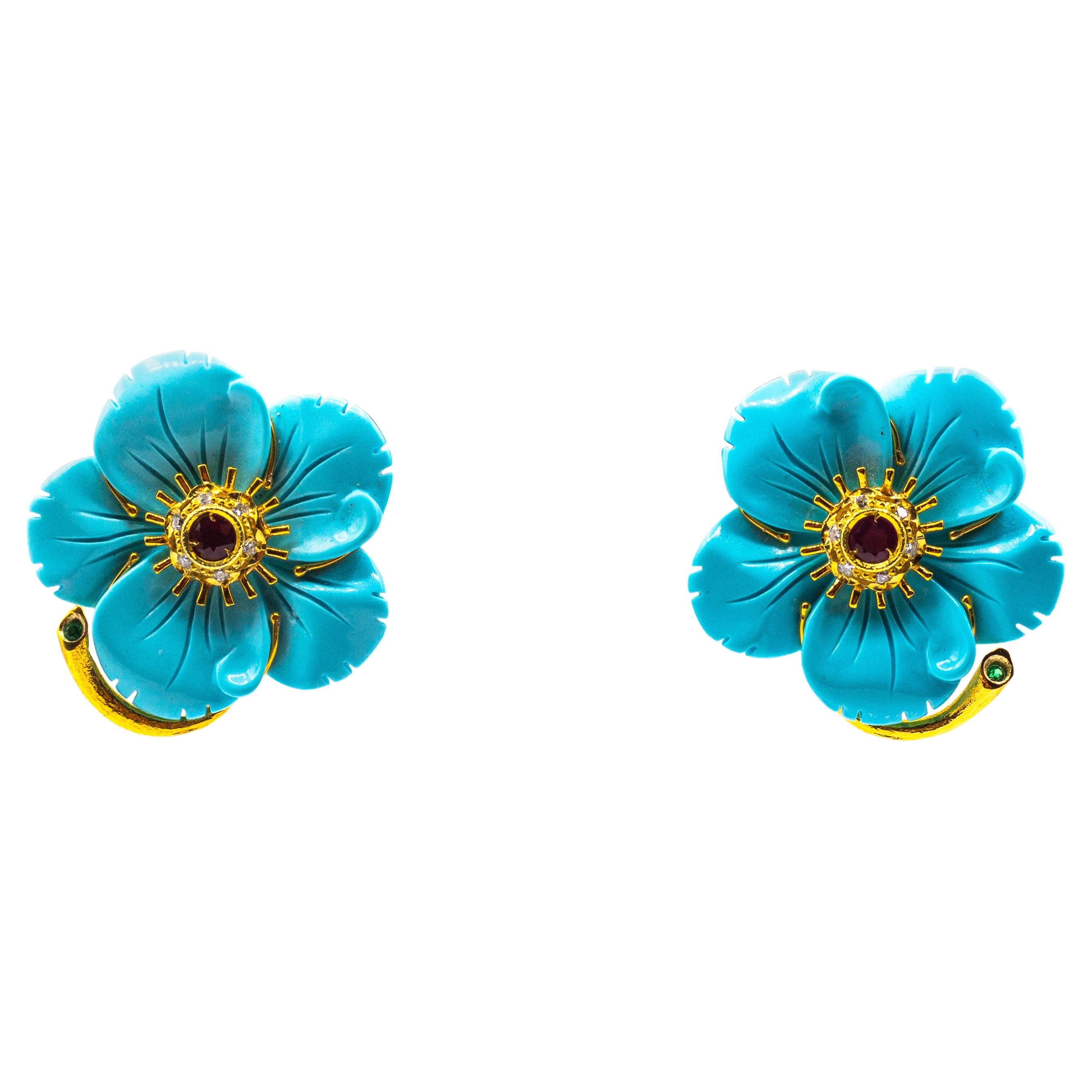 Art Nouveau White Diamond Turquoise Ruby Yellow Gold Clip-On Flowers Earrings