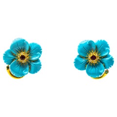 Art Nouveau White Diamond Turquoise Ruby Yellow Gold Clip-On Flowers Earrings