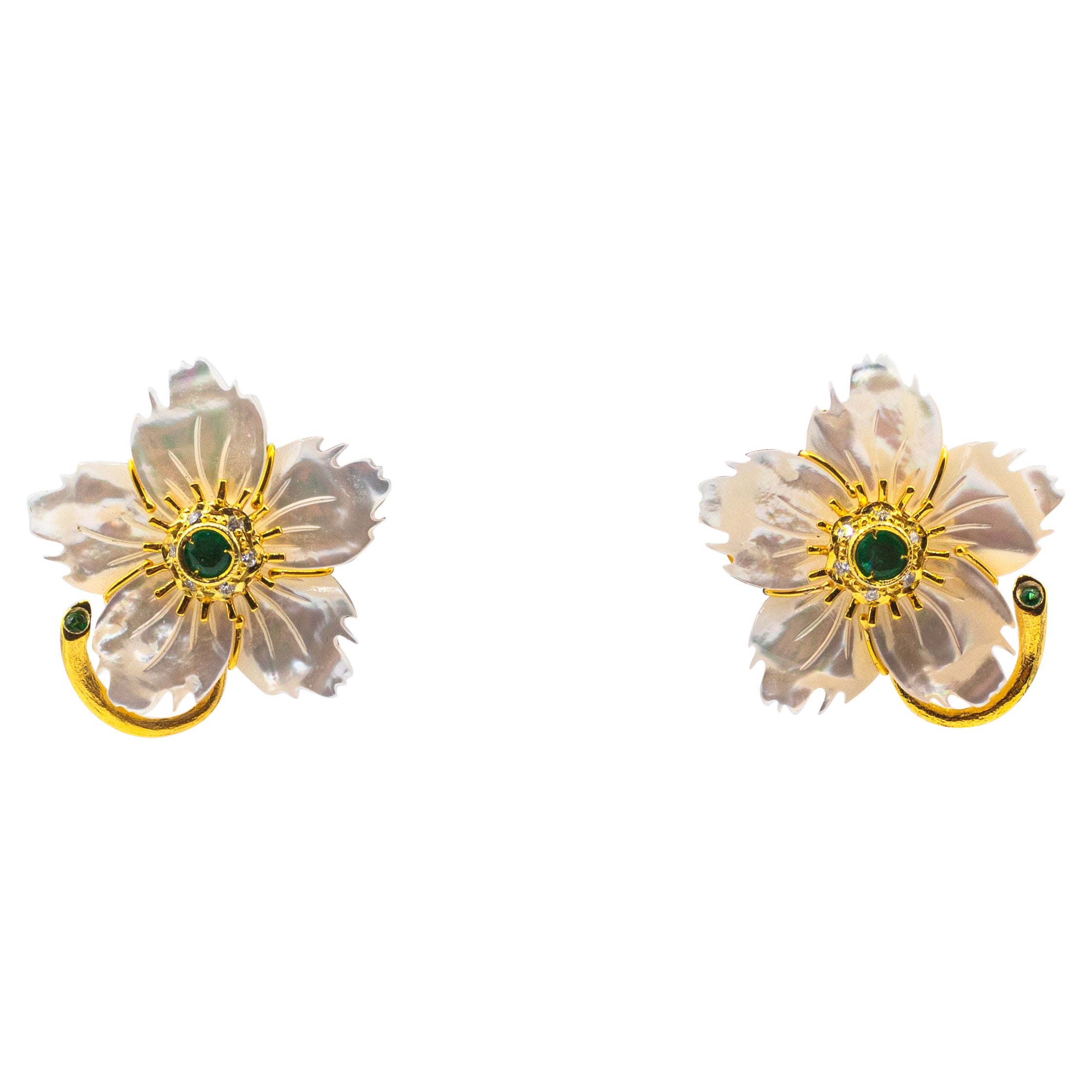 Art Nouveau Diamond Emerald Ruby Mother of Pearl Yellow Gold Flowers Earrings