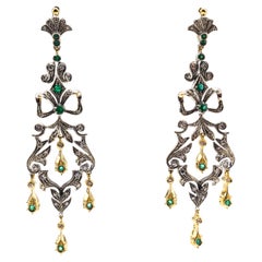 Art Deco Style Handcrafted White Rose Cut Diamond Emerald Yellow Gold Earrings