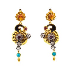 Art Nouveau White Diamond Ruby Citrine Turquoise Yellow Gold "Flowers" Earrings