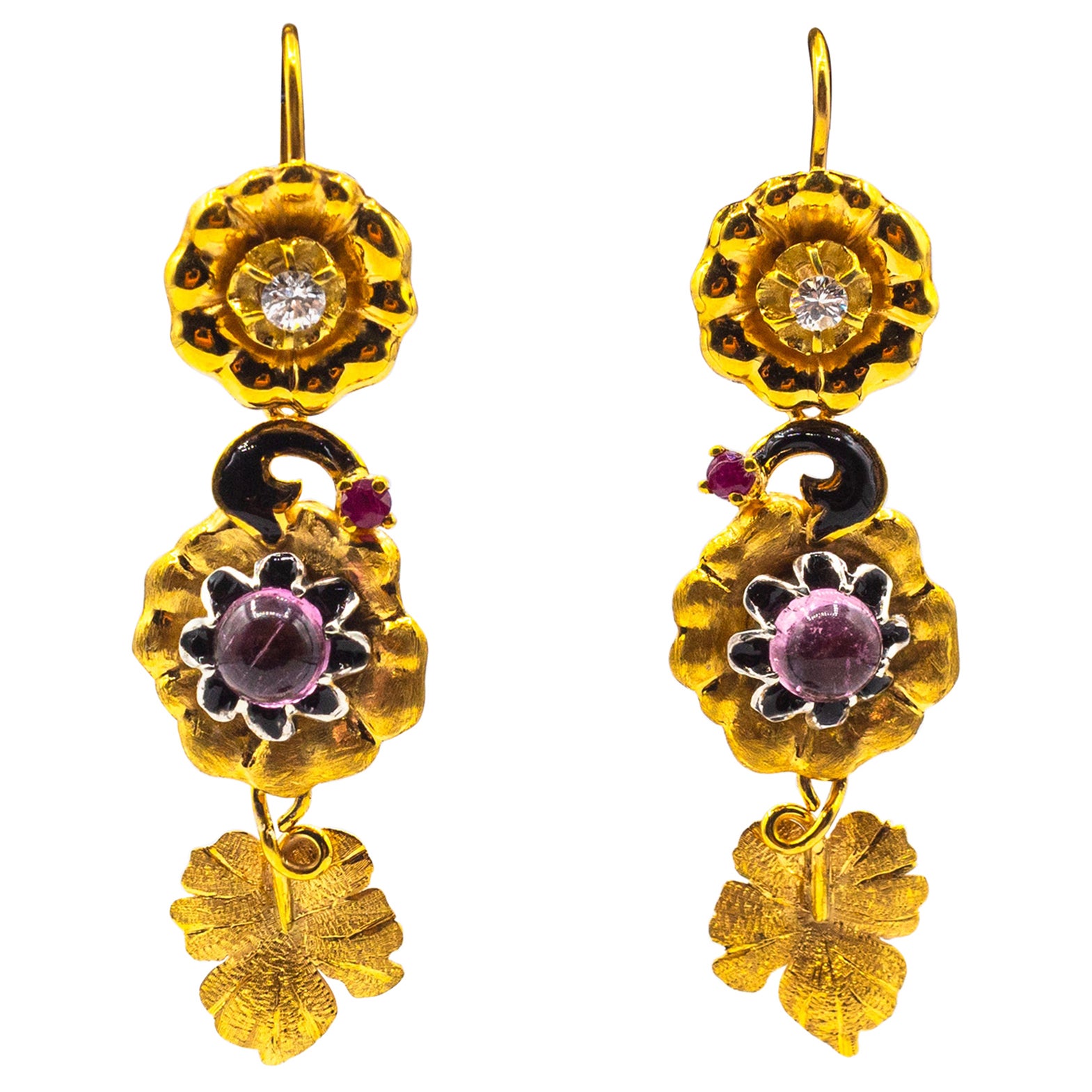 Art Nouveau White Diamond Ruby Pink Tourmaline Yellow Gold "Flowers" Earrings