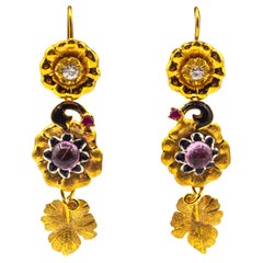 Art Nouveau White Diamond Ruby Pink Tourmaline Yellow Gold "Flowers" Earrings