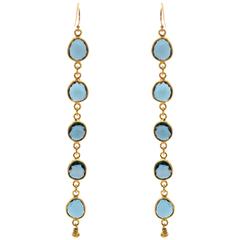 Long Blue Topaz Gold Earrings with Ten Total Round Faceted Stones 1