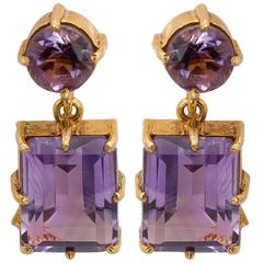 Round and Emerald Shaped Amethyst Gold Post Earrings