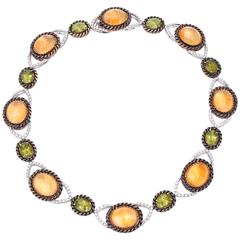 Green and Orange Gemstone with Diamond Necklace