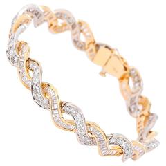 Yellow Gold Baguette Cut and Round Diamond Weave Bracelet 6