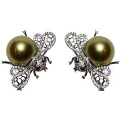 Pair South Sea Pearl Diamond 18K Gold Bumble Bee Brooch Pins Fine Estate Jewelry