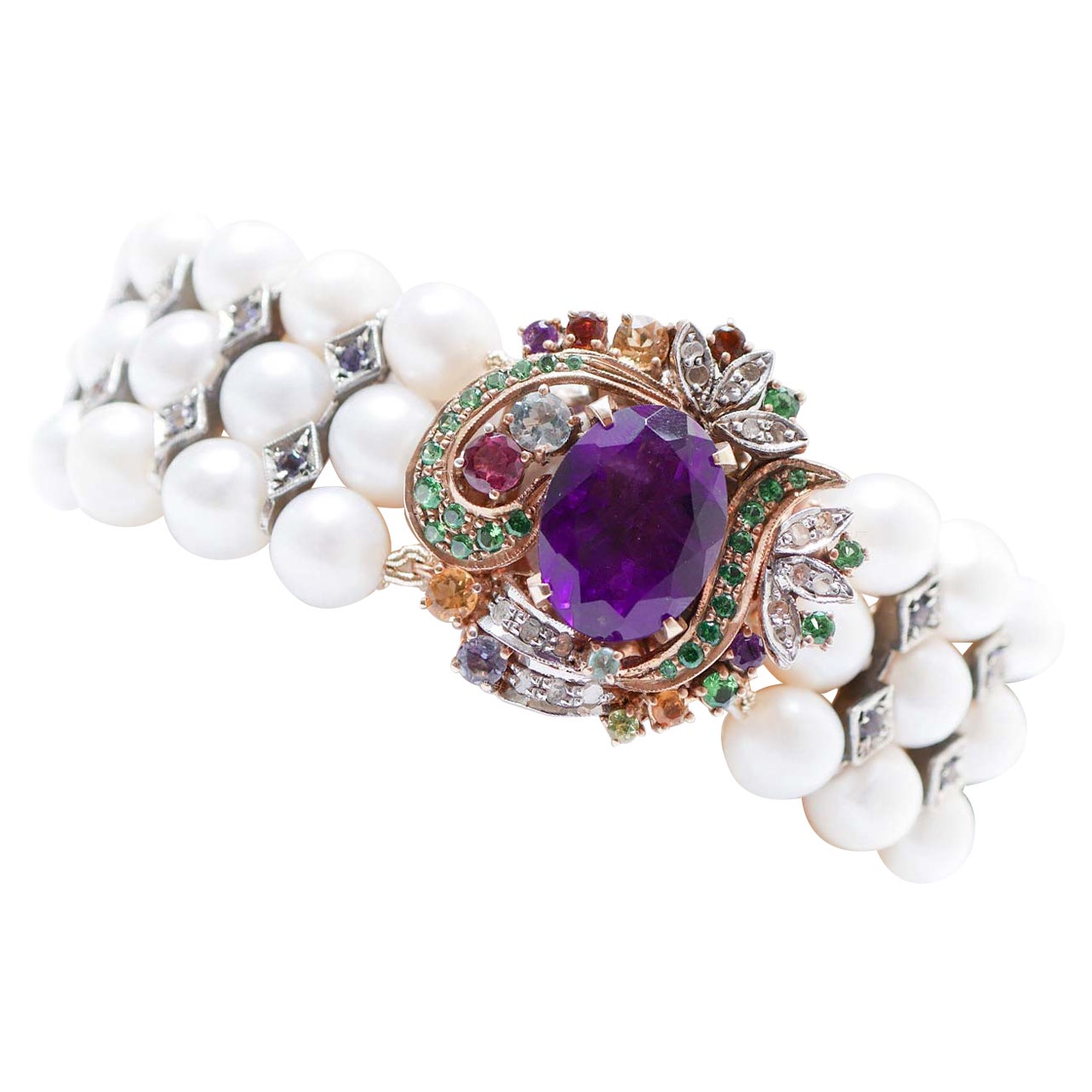Amethysts, Pearls, Diamonds, Iolite, Topaz, Tsavorite, Gold and Silver Bracelet. For Sale