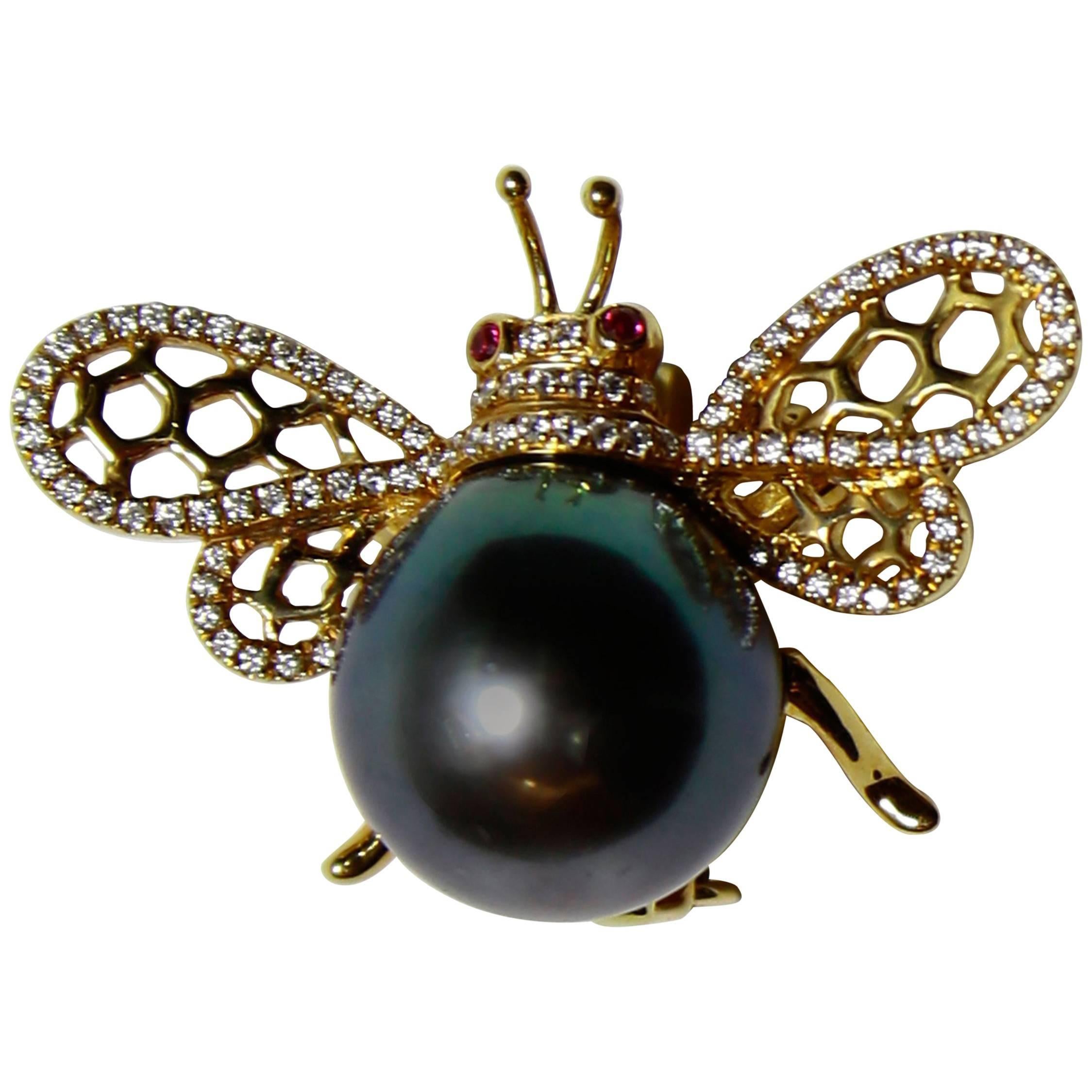 Black Tahitian South Sea Pearl Diamond Ruby Gold Bumble Bee Statement Brooch Pin