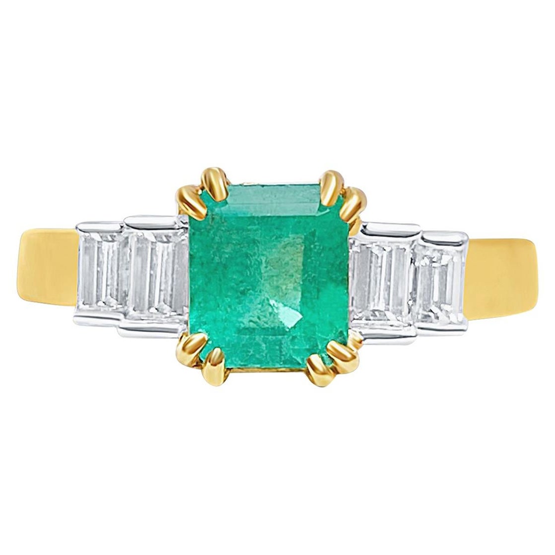 Emerald-Cut Colombian Emerald and Diamond 18 Karat Yellow Gold Ring