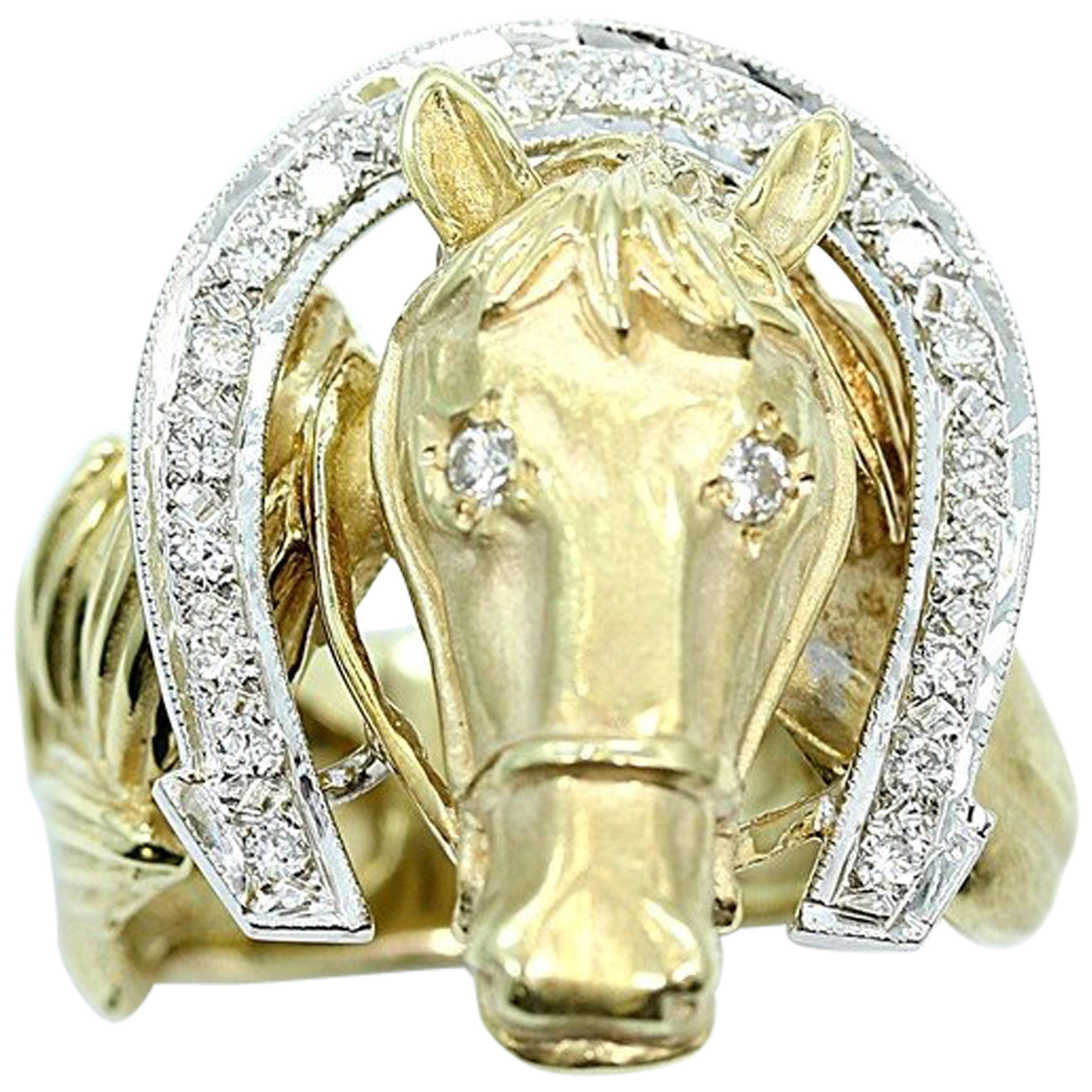 Diamond Yellow Gold Horseshoe Ring  For Sale