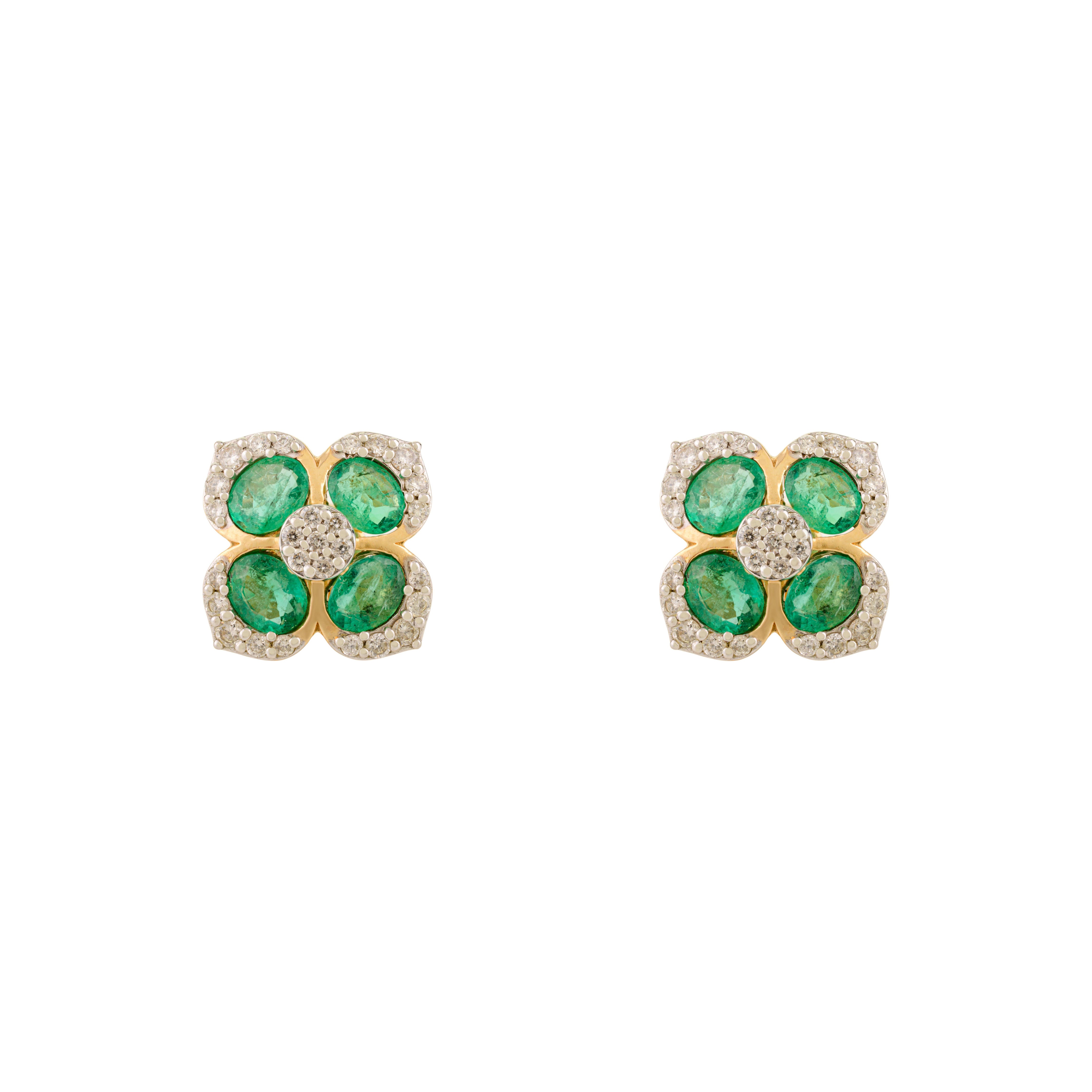 Boucles d'oreilles style moderniste en or 18K Emeraude Diamant Floral Cadeau de fin d'études en vente