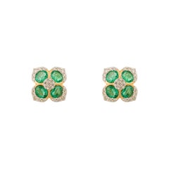 Boucles d'oreilles style moderniste en or 18K Emeraude Diamant Floral Cadeau de fin d'études