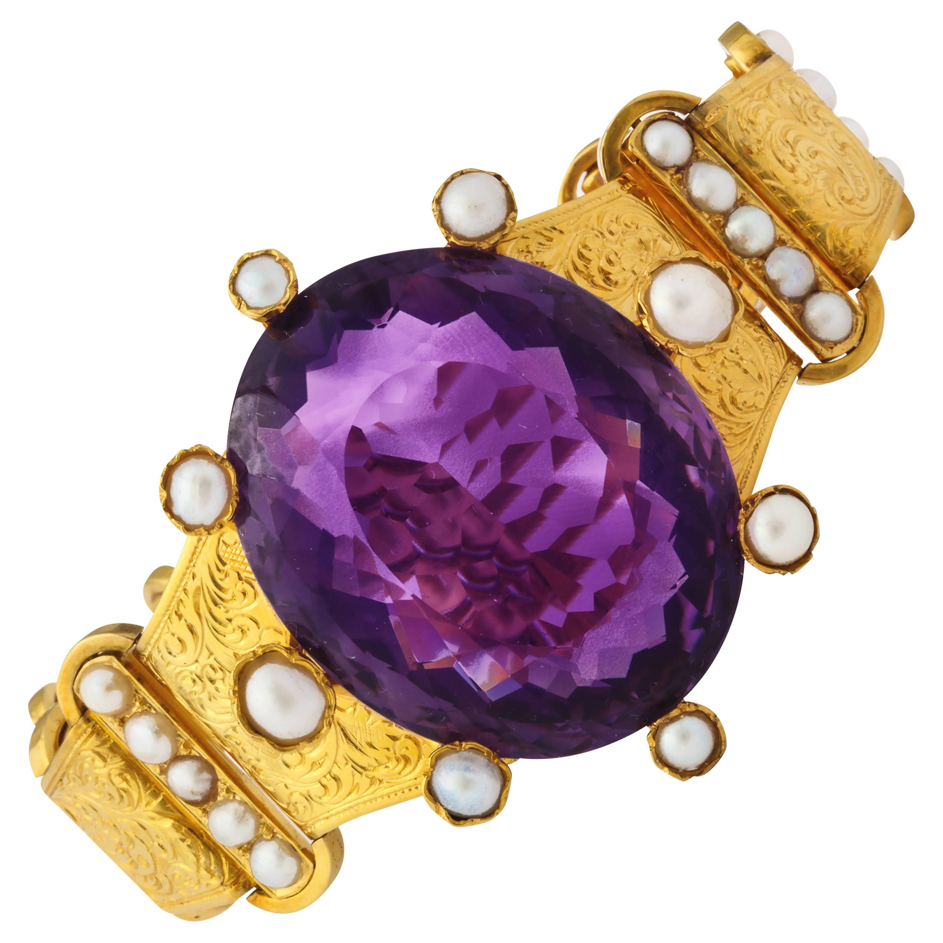 Women's 18 kt Victorian Amethyst Pearl Gold Bracelet For Sale