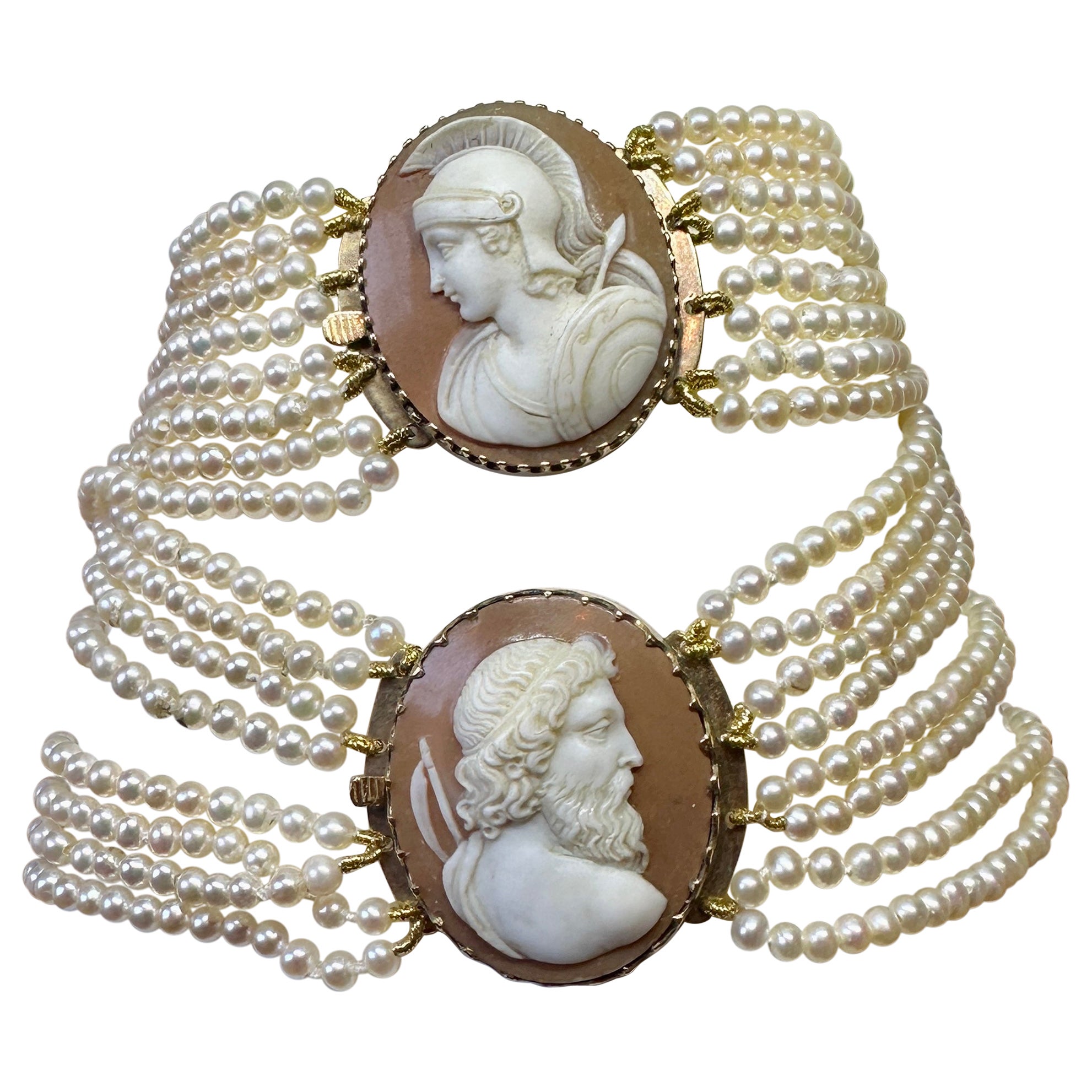 Victorian Cameo Bracelets Gold Pearl Zeus Athena Neoclassical Goddess Circa 1860